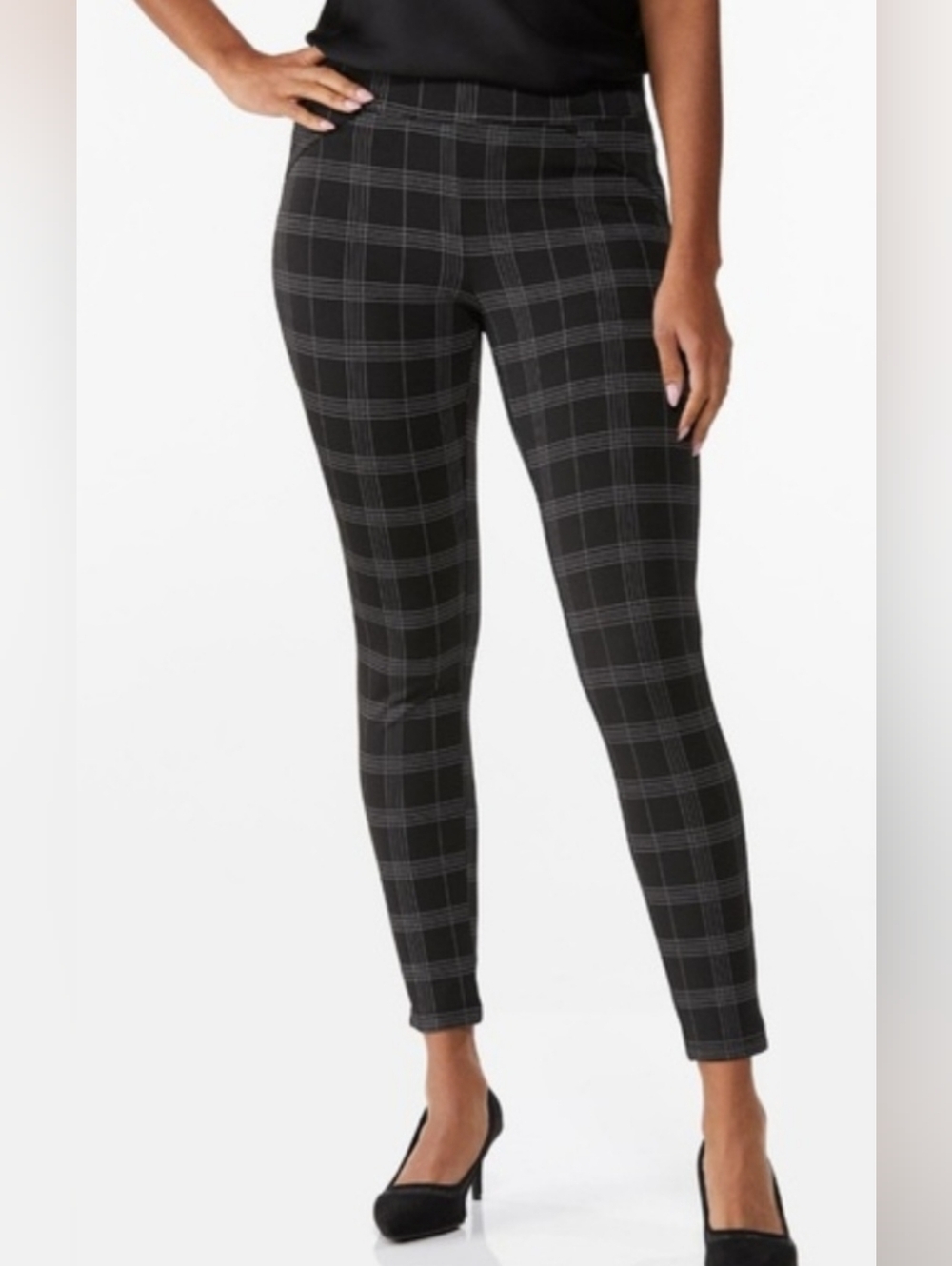 Dalia Black Plaid Ponte Skinny Trousers (Stretchy Thick Material) Sz XXL